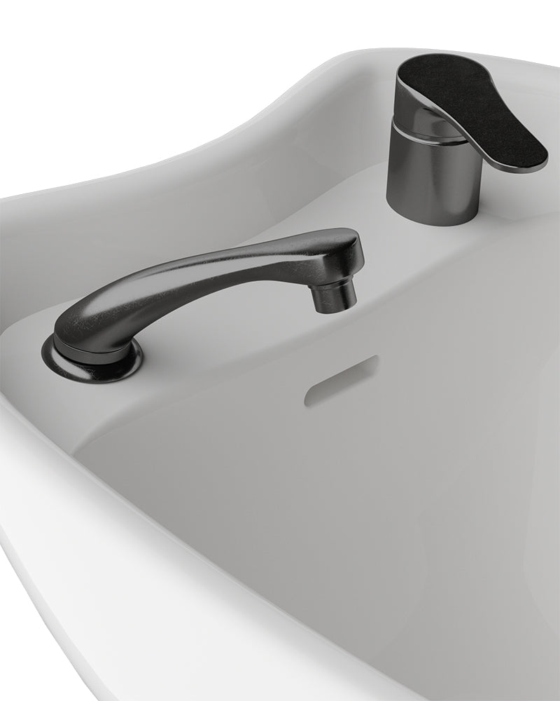 Hazel Sage Grøn vaskestol Sort kumme fra Comfortel med justerbar porcelænsvask til frisørudstyr i salon